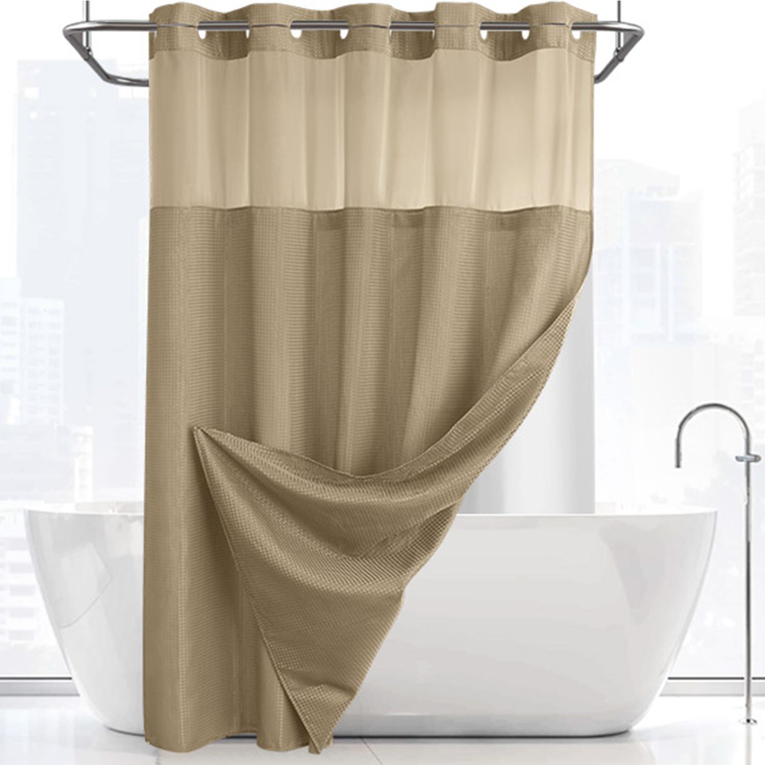 Khaki Hook Free Waffle Weave Shower Curtain (71 x 75") - Double Layer Curtain