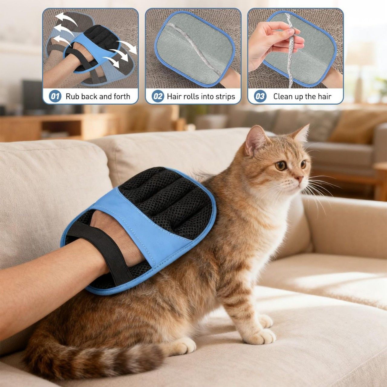 Blue Pet Hair Removal Gloves with Ergonomic 5 Finger Contour Grip (1 Pair) view 2