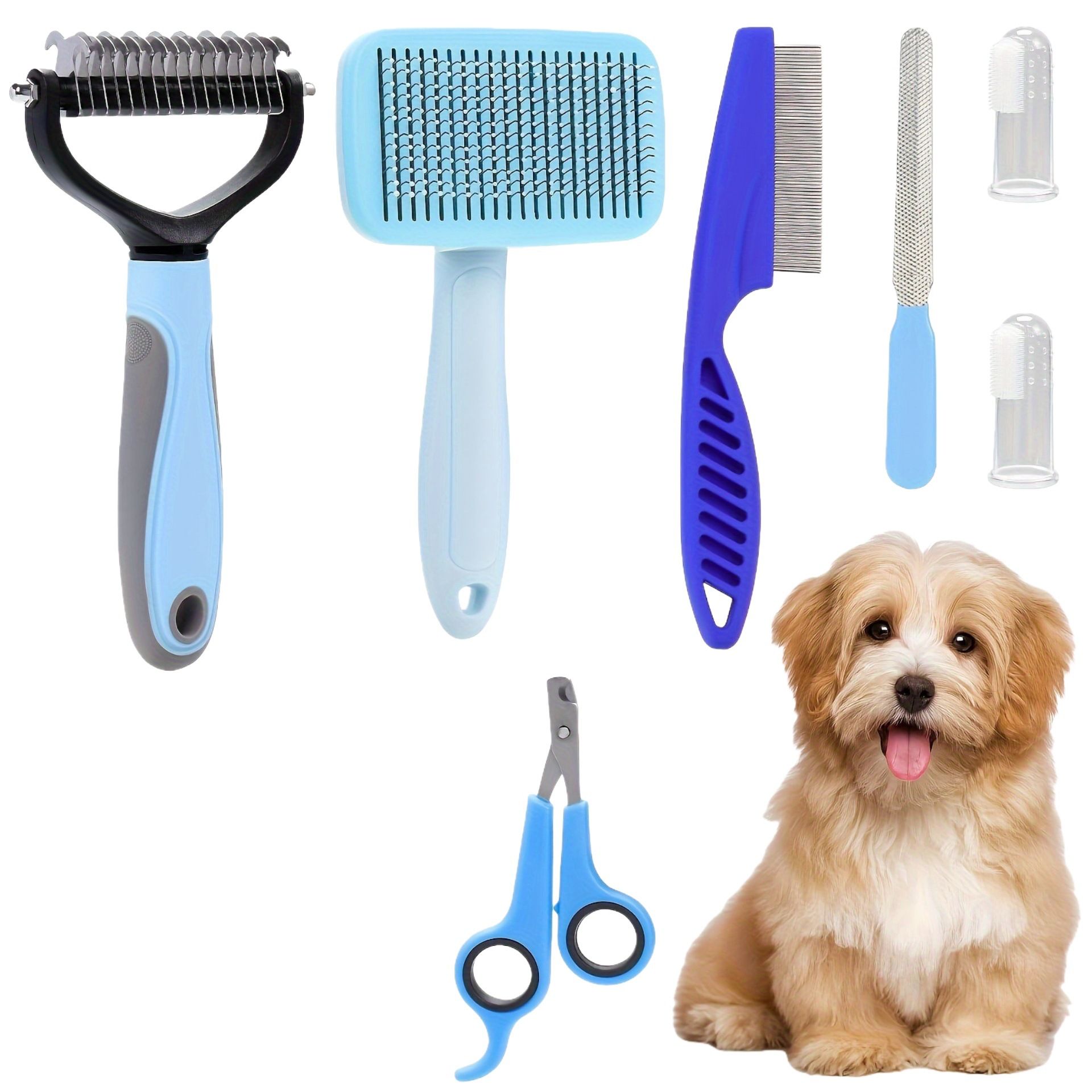 7PCS Blue Pet Grooming, Nail and Oral Care Kit - Selfcleaning Slicker Brush