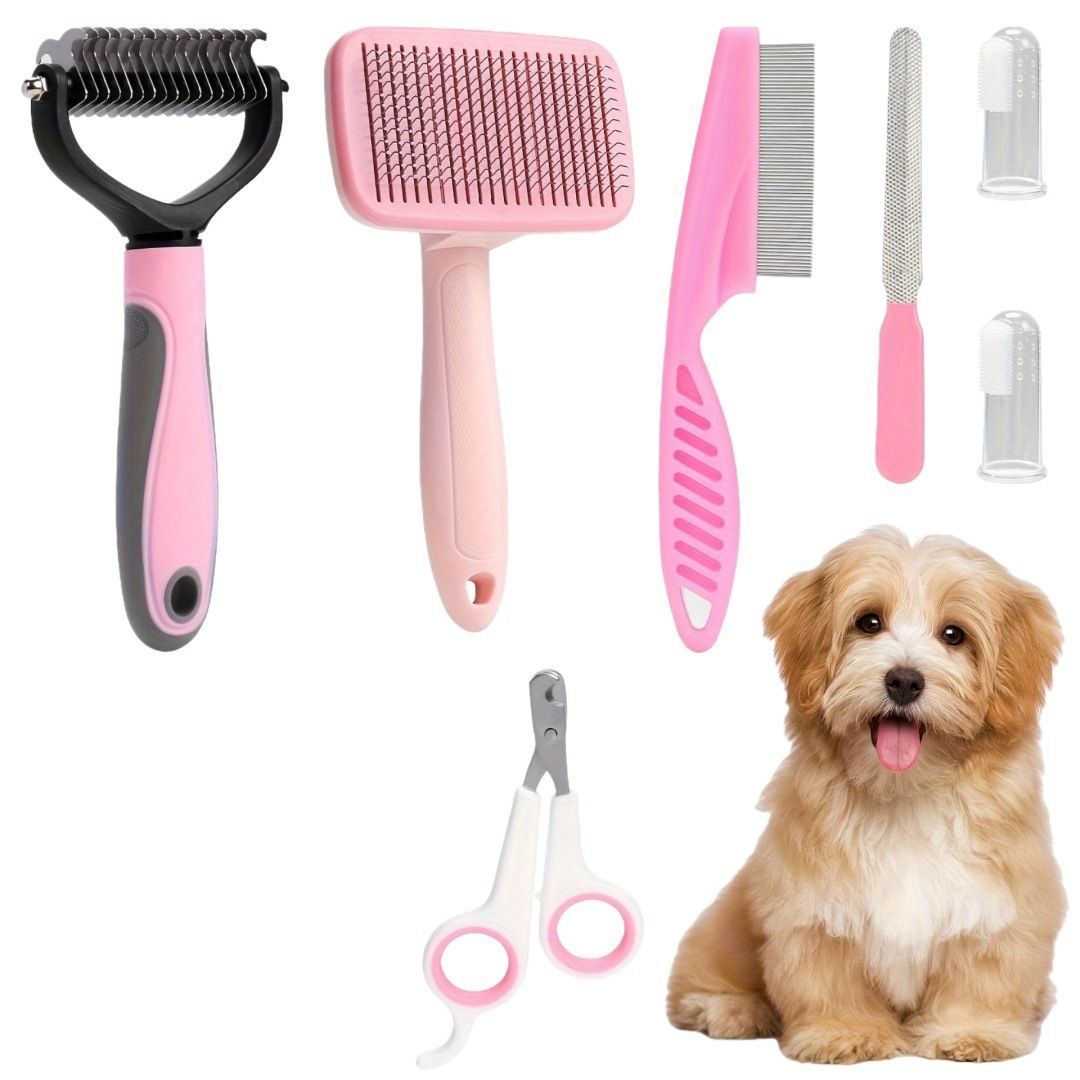 7PCS Pink Pet Grooming, Nail and Oral Care Kit - Selfcleaning Slicker Brush