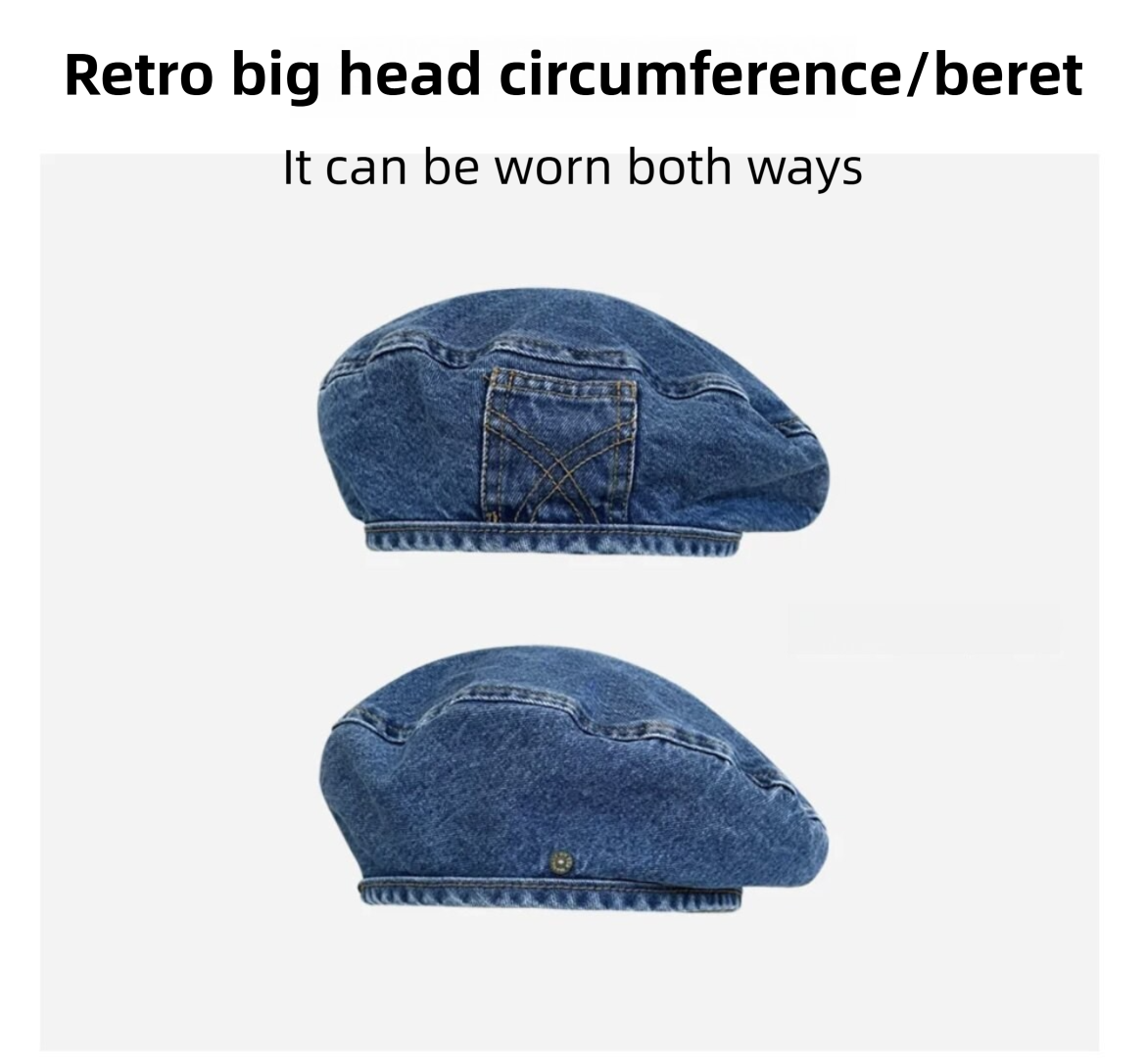 Women's Vintage Dark Washed Denim Beret - 22" Large Head Circumference