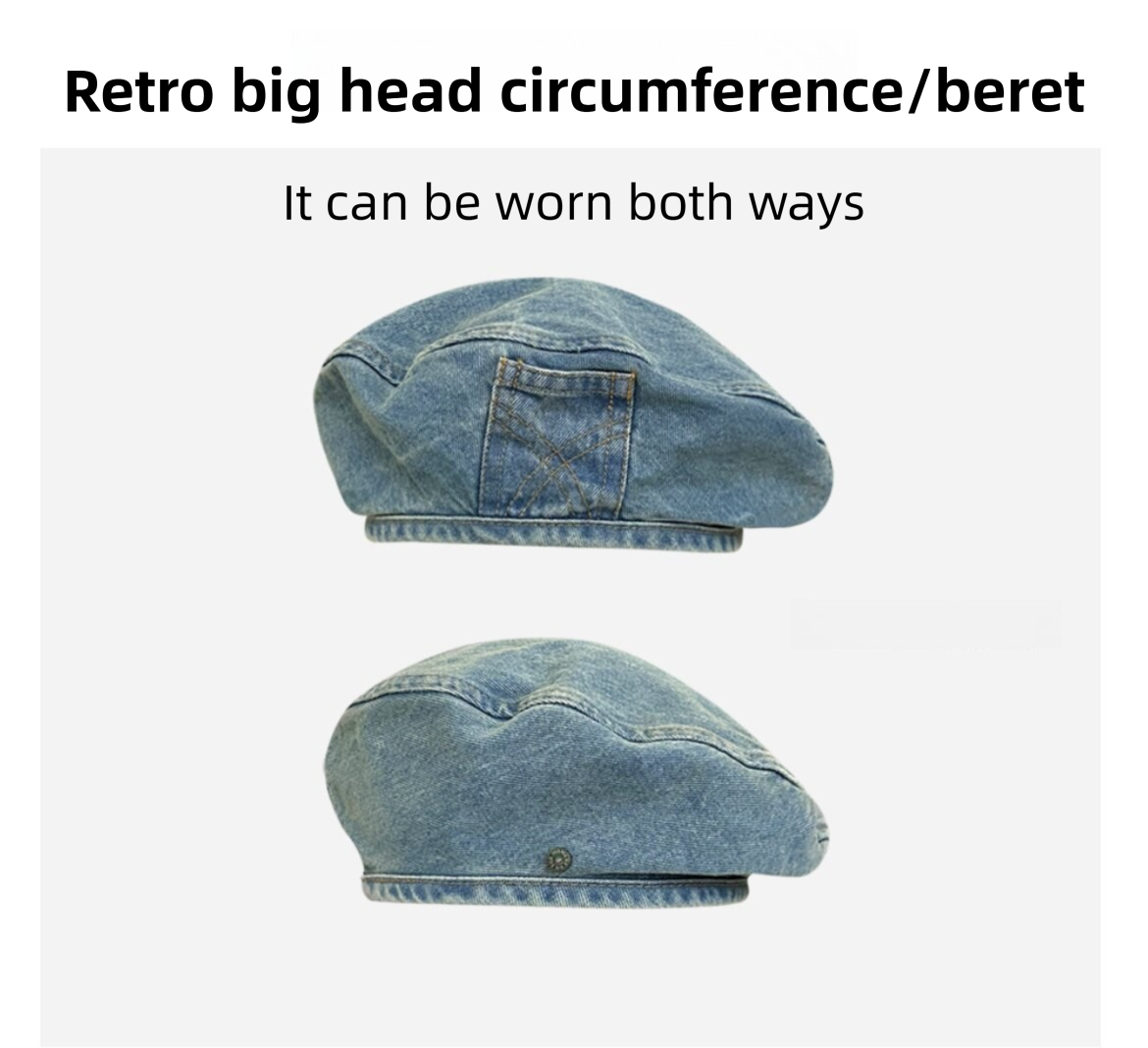 Women's Vintage Washed Mid Blue Denim Beret - 22" Large Head Circumference