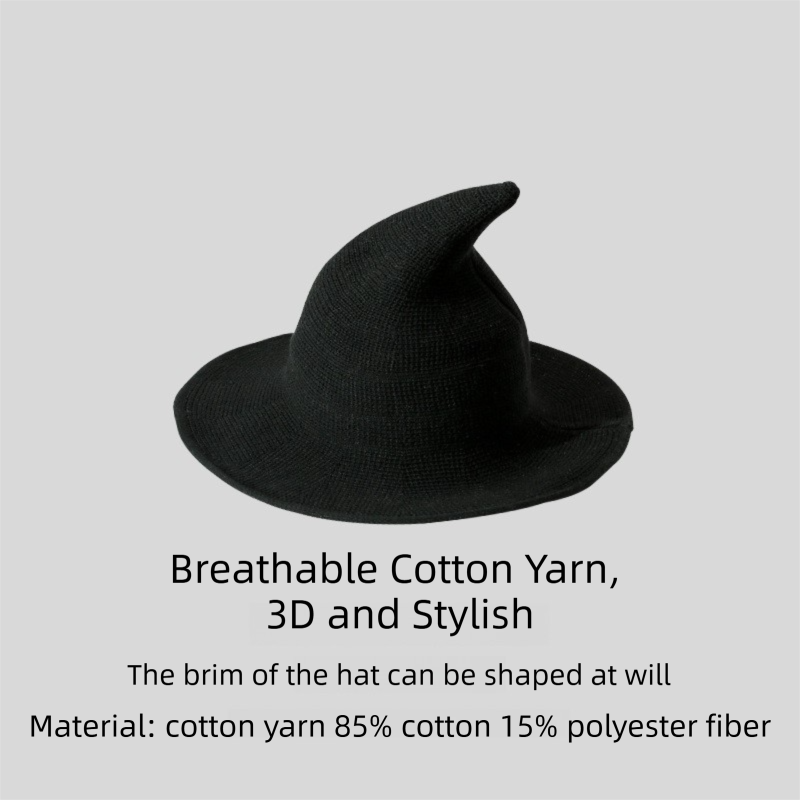 2PCS Black Women's Breathable Cotton Yarn Halloween Witch Hat - Foldable