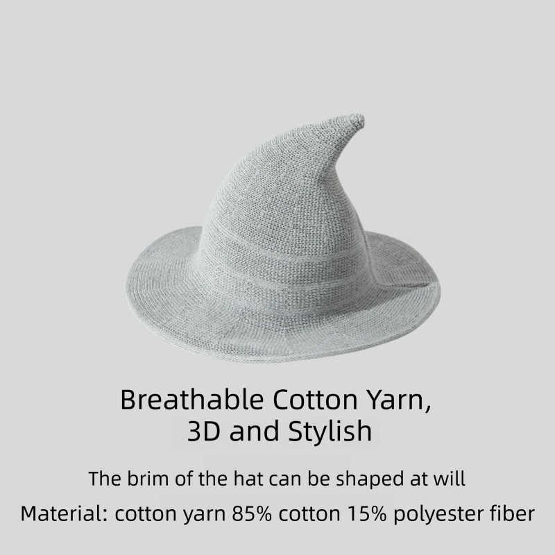 2PCS Grey Women's Breathable Cotton Yarn Halloween Witch Hat - Foldable
