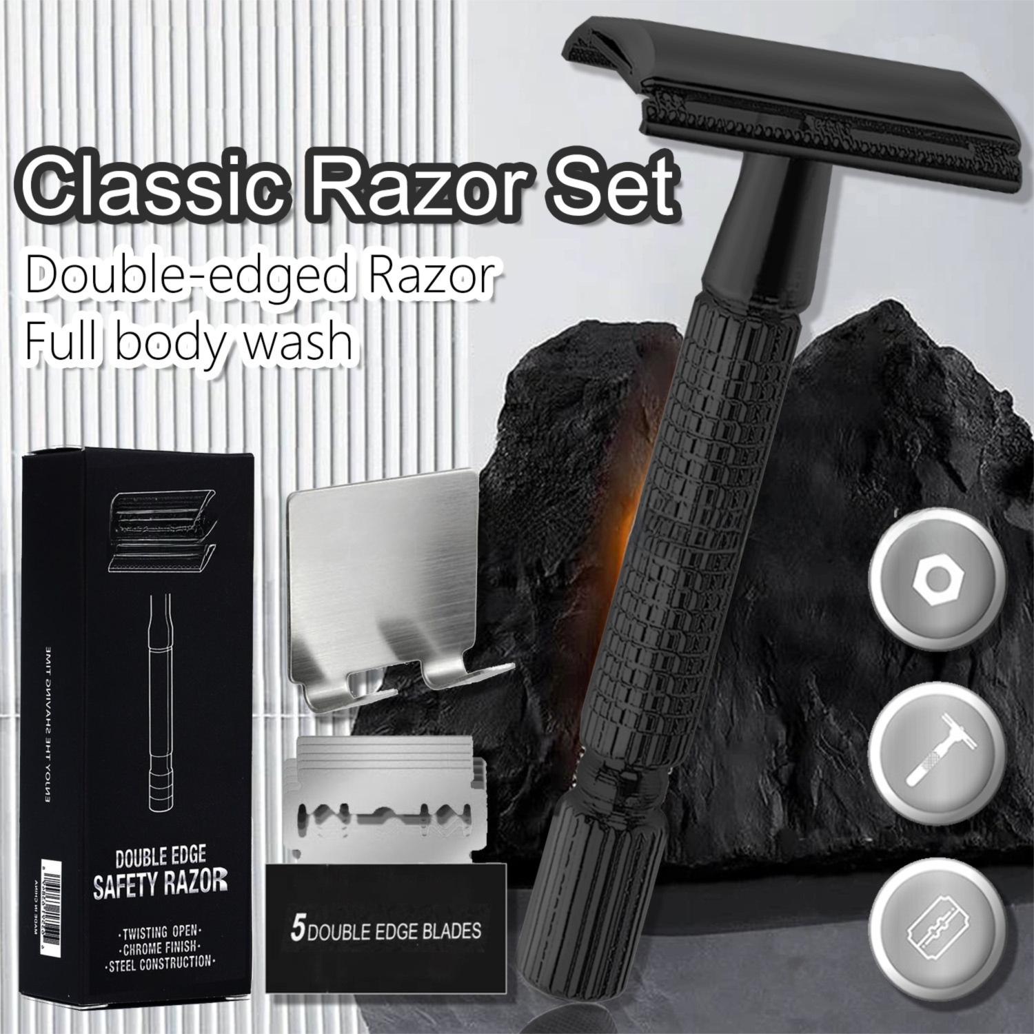 Black Classic Double Edge Safety Razor Set - Vintage Metal Manual Shaving