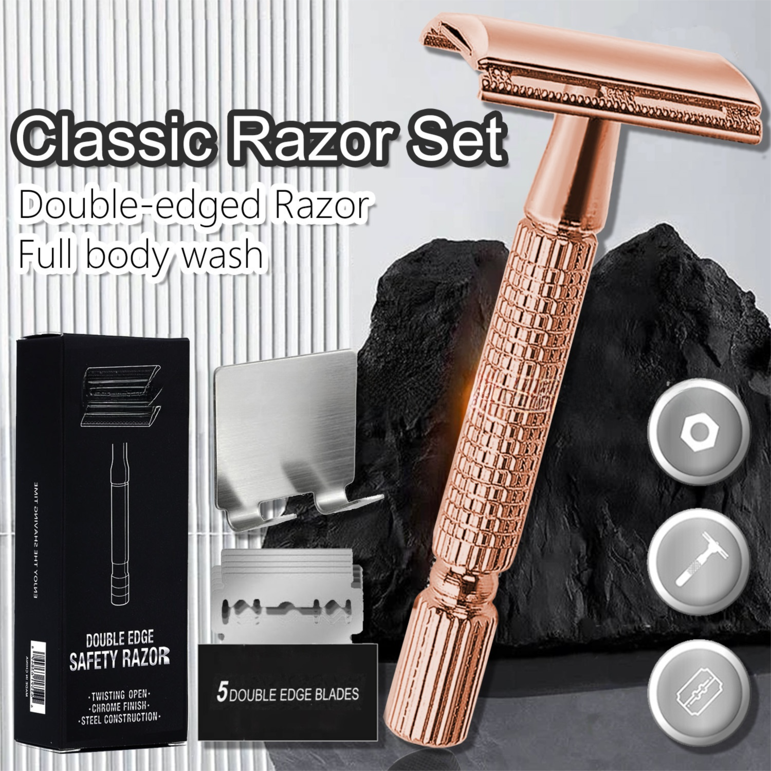 Rose Gold Classic Double Edge Safety Razor Set - Vintage Metal Manual Shaving