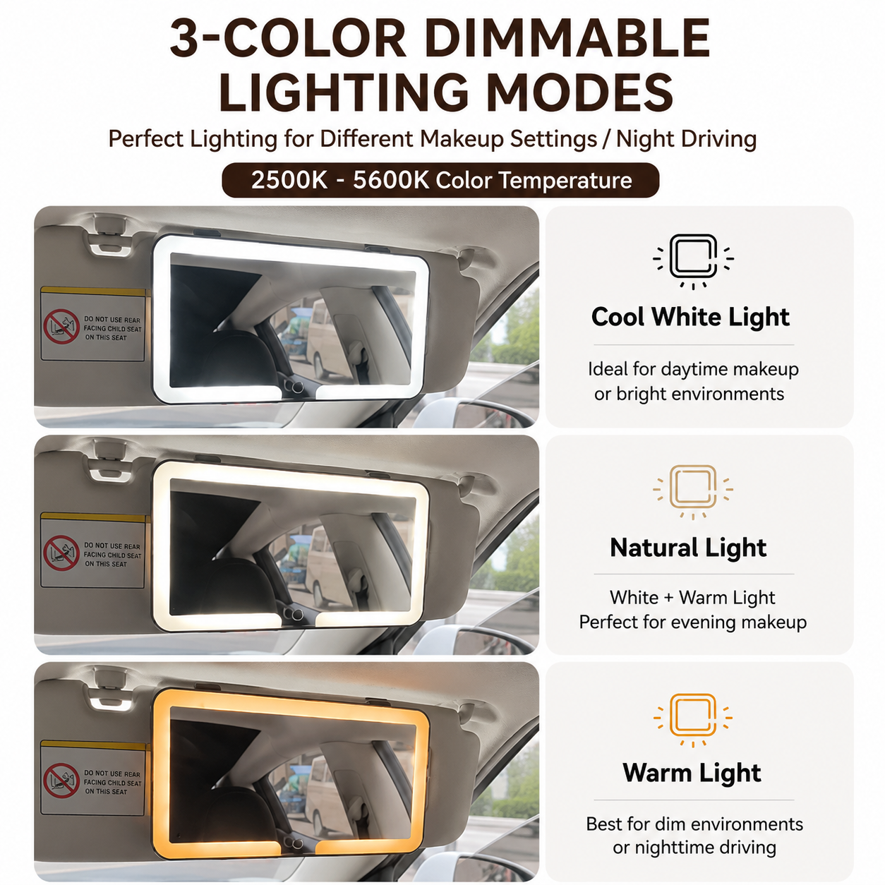 White Car Sun Visor LED Makeup Mirror with 5X Magnification & Velcro Strap view 4