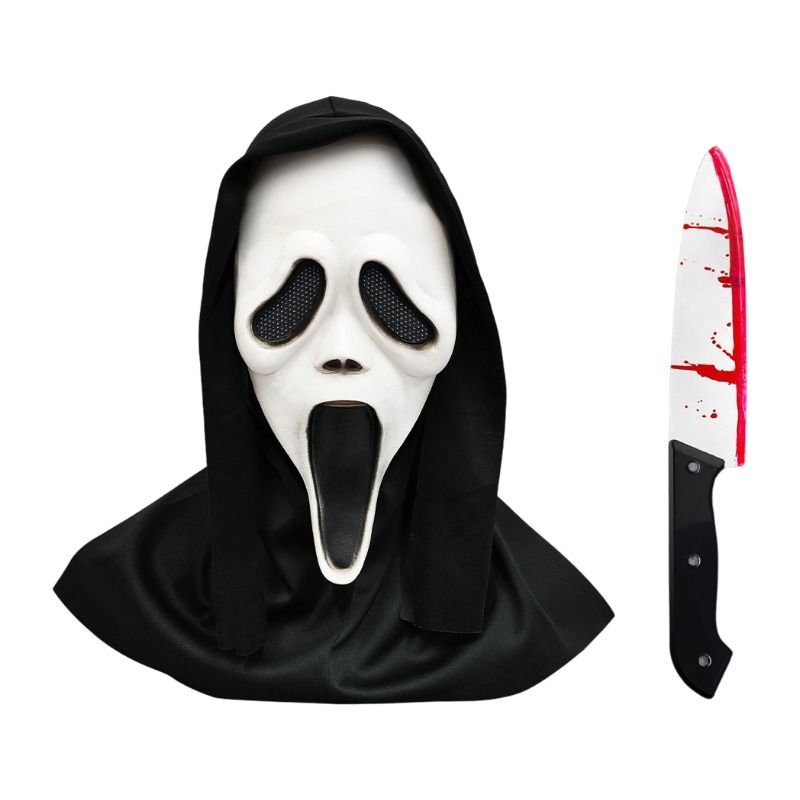 Scream Ghost Face Mask with Bloody Knife Prop - Halloween Cosplay Latex Hood