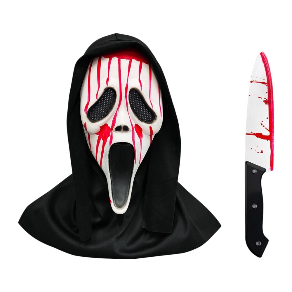 Scream Ghost Face Mask with Bloody Knife Prop - Halloween Cosplay Latex Hood