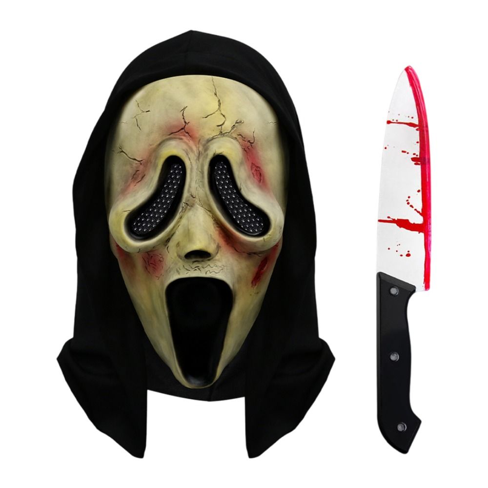 Scream Ghost Face Mask with Bloody Knife Prop - Halloween Cosplay Latex Hood