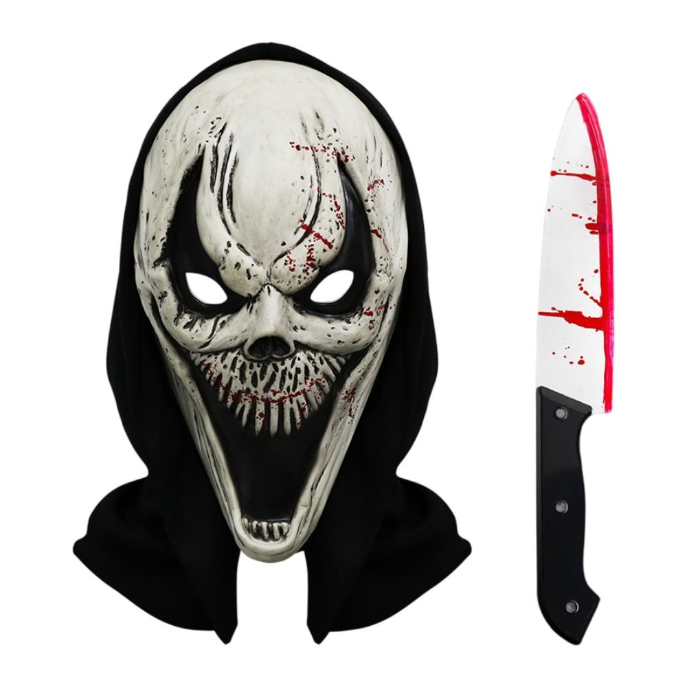 Scream Ghost Face Mask with Bloody Knife Prop - Halloween Cosplay Latex Hood