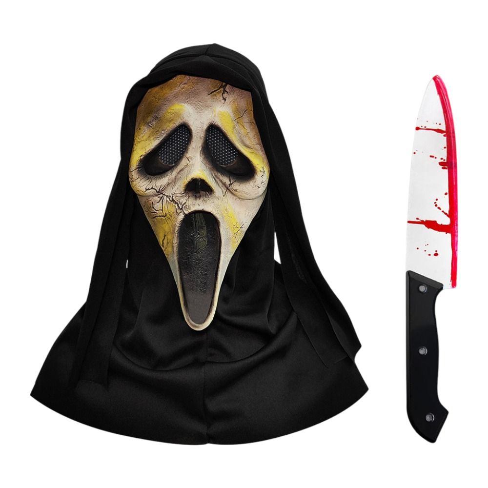 Scream Ghost Face Mask with Bloody Knife Prop - Halloween Cosplay Latex Hood