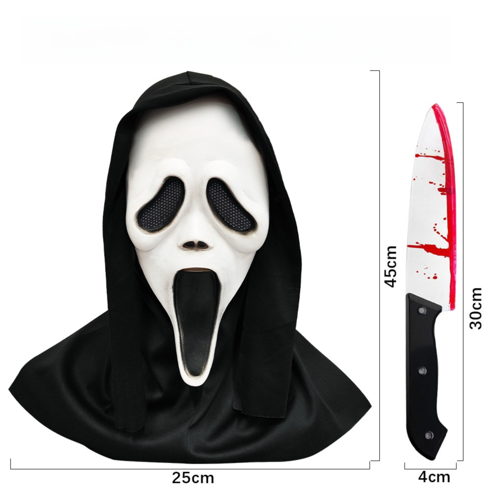 Scream Ghost Face Mask with Bloody Knife Prop - Halloween Cosplay Latex Hood view 2