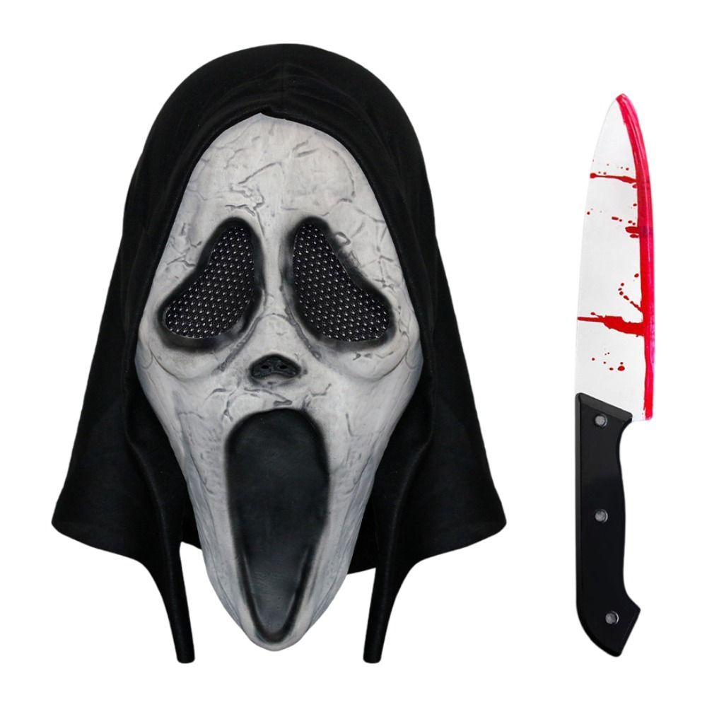 Scream Ghost Face Mask with Bloody Knife Prop - Halloween Cosplay Latex Hood