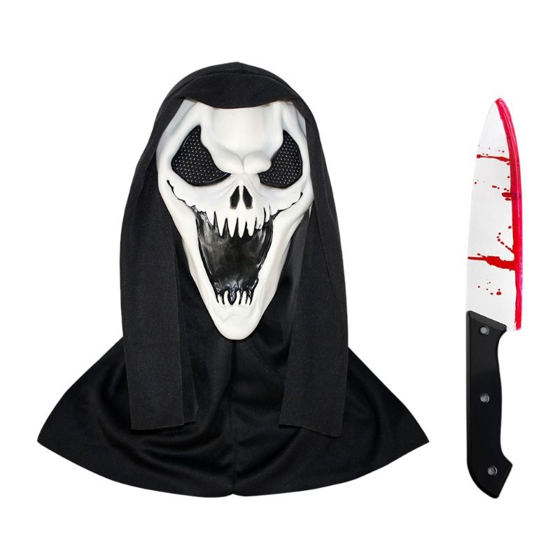 Scream Ghost Face Mask with Bloody Knife Prop - Halloween Cosplay Latex Hood