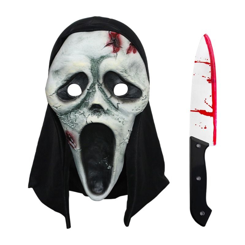 Scream Ghost Face Mask with Bloody Knife Prop - Halloween Cosplay Latex Hood