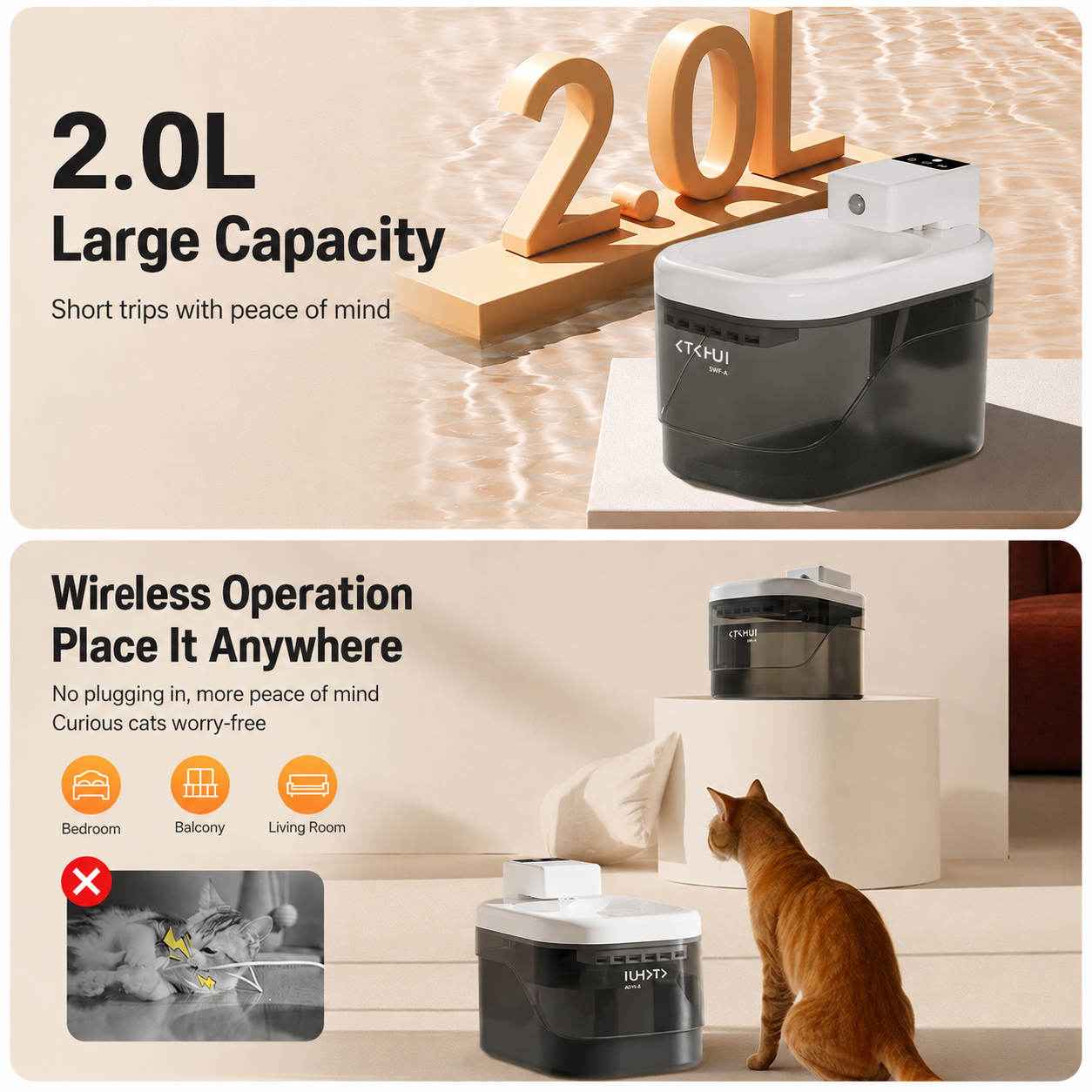 Transparent Black and White Smart Motion Sensor Wireless Pet Water Fountain view 4