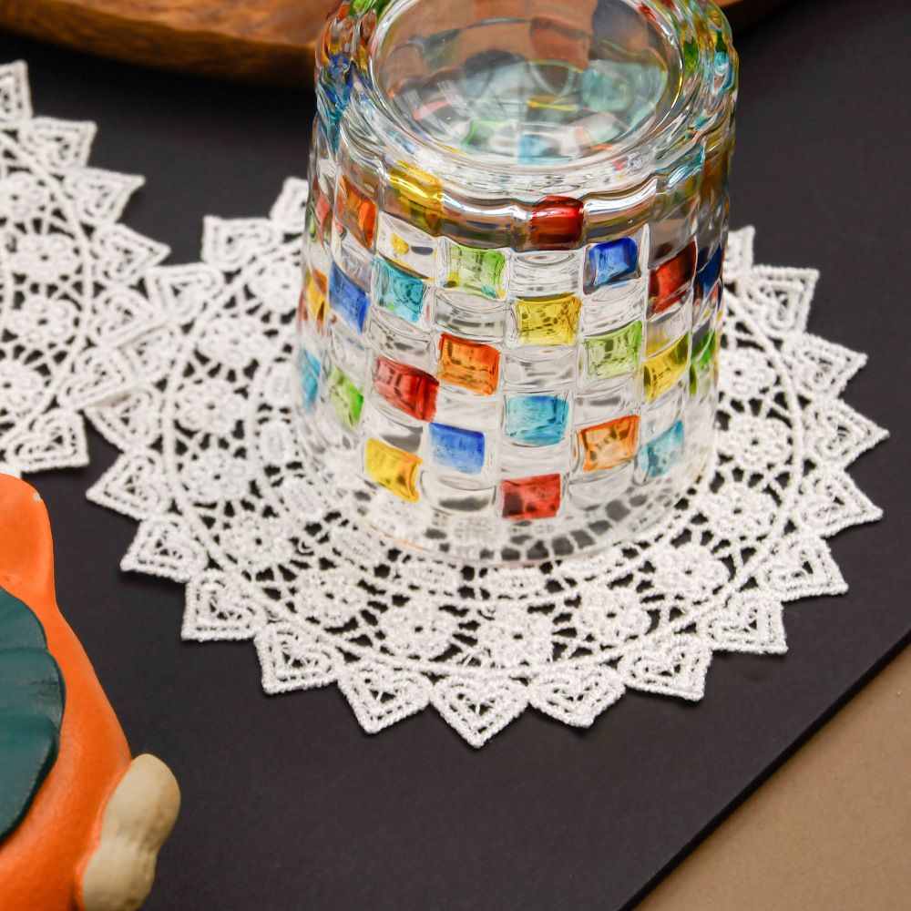 5.5 Inch Geometric Embroidered Lace Coaster (5 Pack) - Elegant Round Dining & view 2