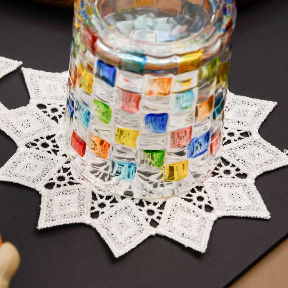5.5 Inch Geometric Embroidered Lace Coaster (10 Pack) - Elegant Round Dining & view 2