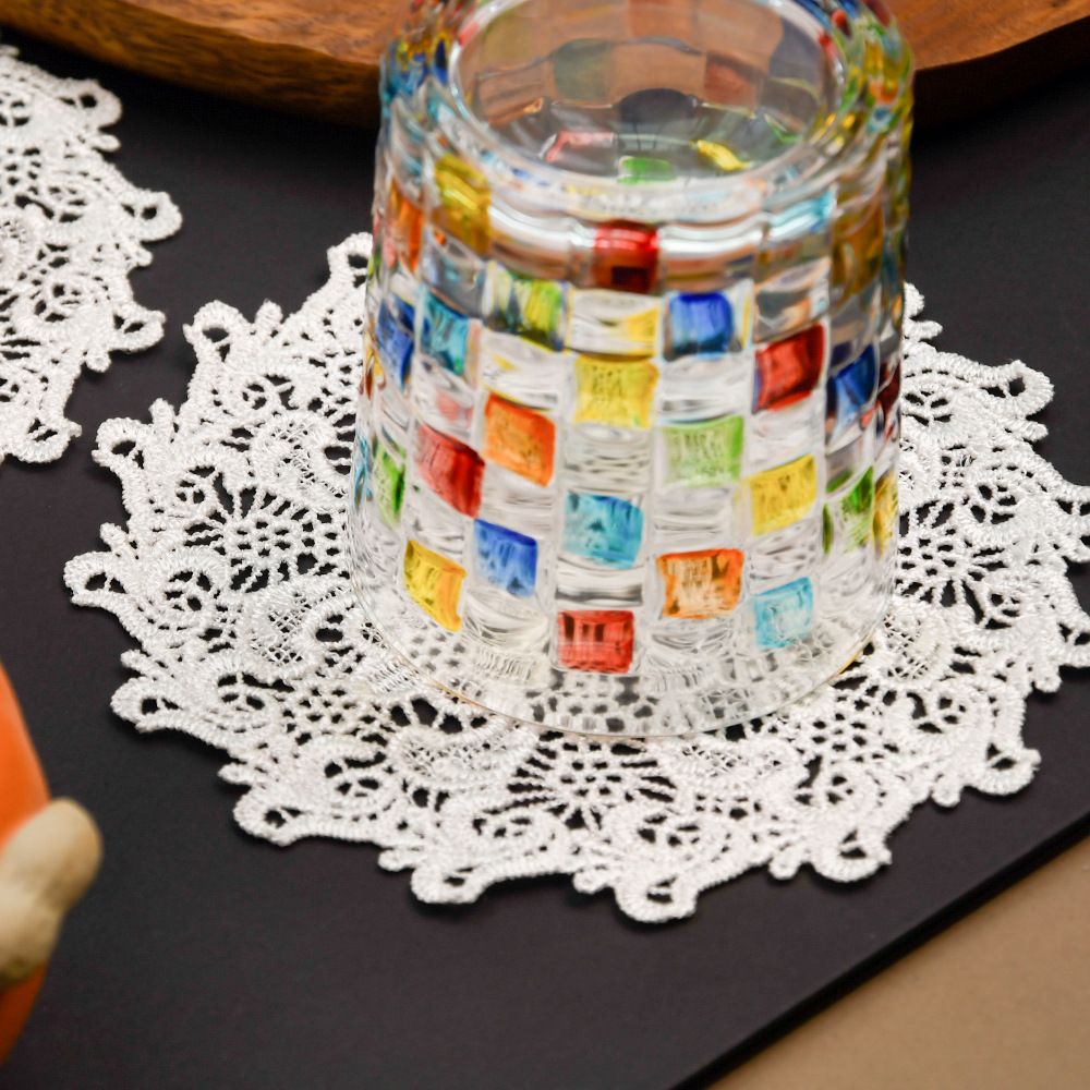 5.5 Inch Geometric Embroidered Lace Coaster (10 Pack) - Elegant Round Dining & view 2