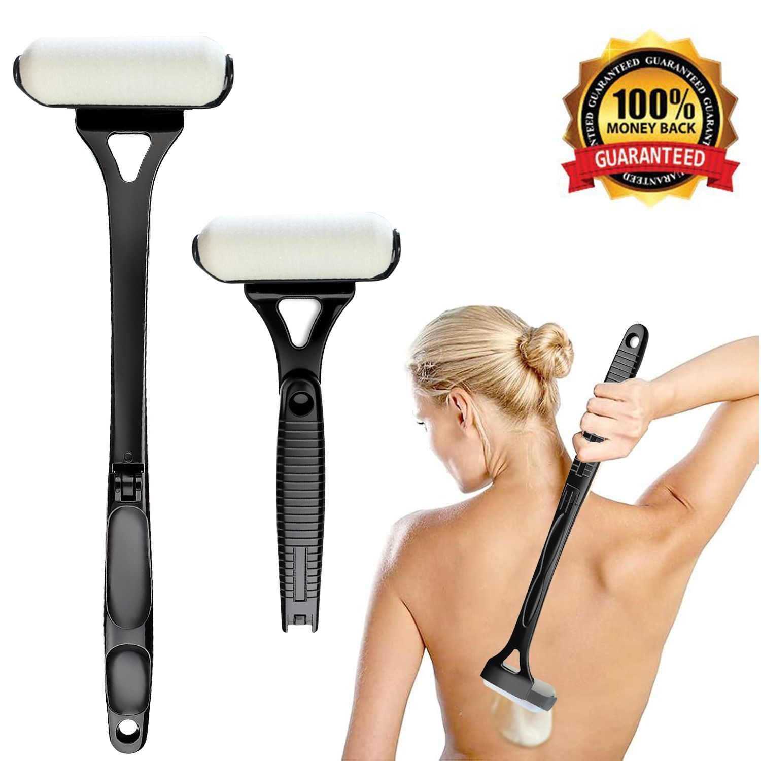 Black Foldable Long-Handle Back Lotion Applicator with Sponge Roller Head for