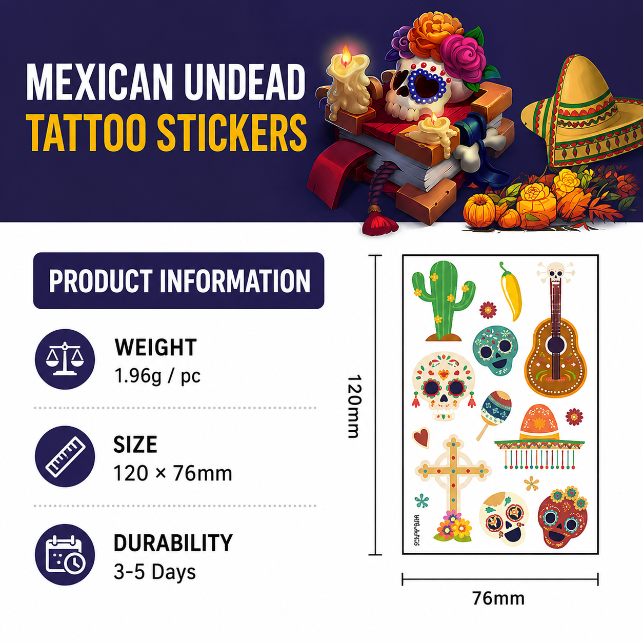 10 Pack Day of the Dead Halloween Temporary Tattoos - Mexican Fiesta Party view 2