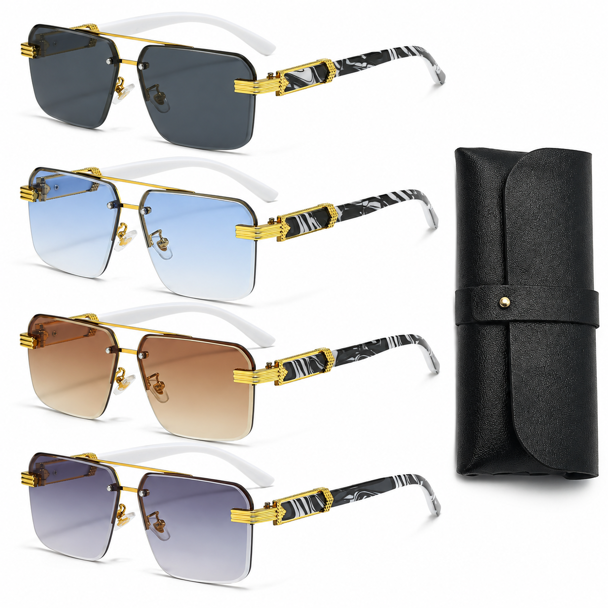 4PCS Square Rimless Diamond Cut Sunglasses with Black PU Leather Storage Case