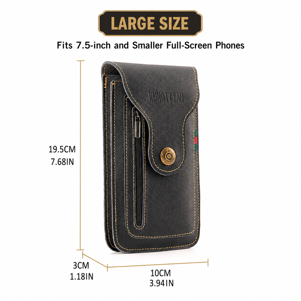 Black Vertical Leather Phone Holster with 3 Pockets and Carabiner Clip - Belt view 5
