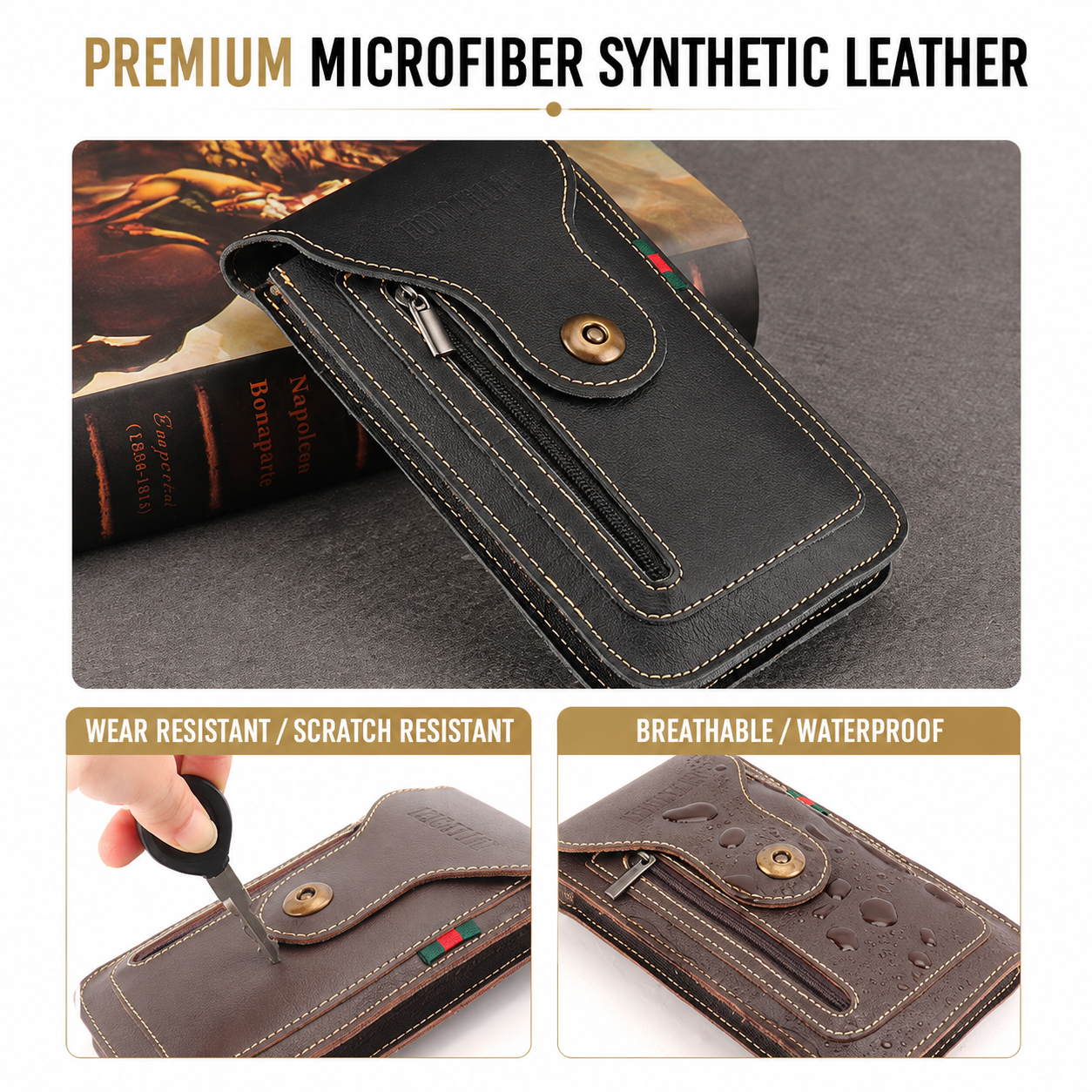Brown Vertical Leather Phone Holster with 3 Pockets and Carabiner Clip - Belt view 2