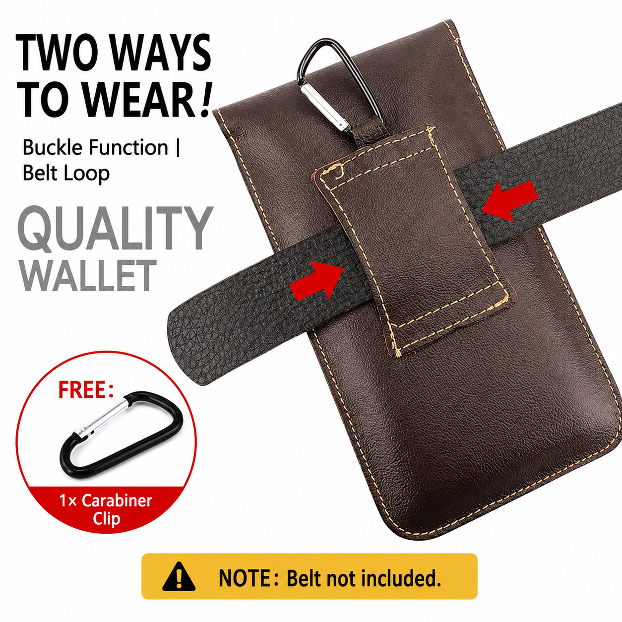 Brown Vertical Leather Phone Holster with 3 Pockets and Carabiner Clip - Belt view 4