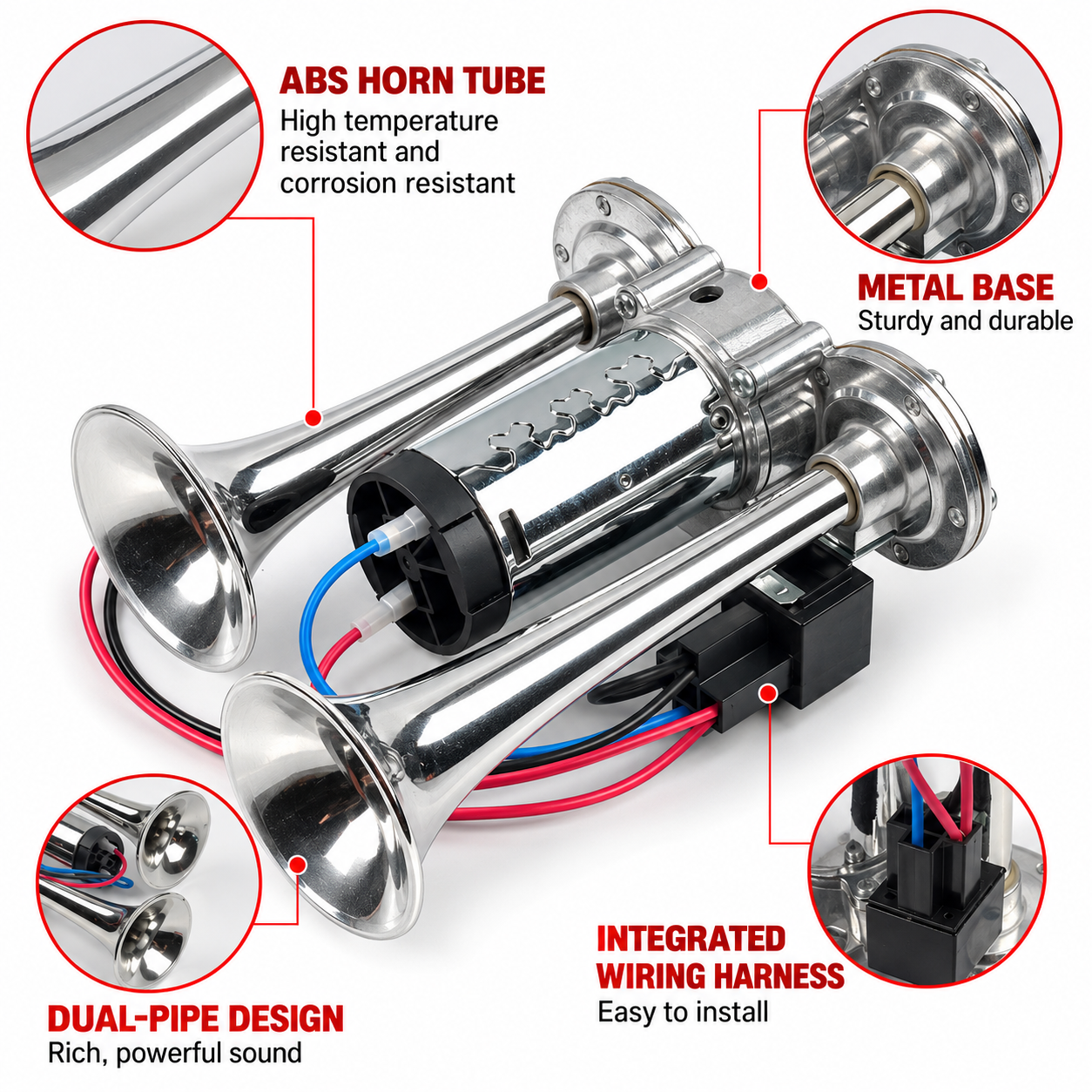 Super Loud Dual-Trumpet Integrated Air Horn with Compressor & Mounting view 3