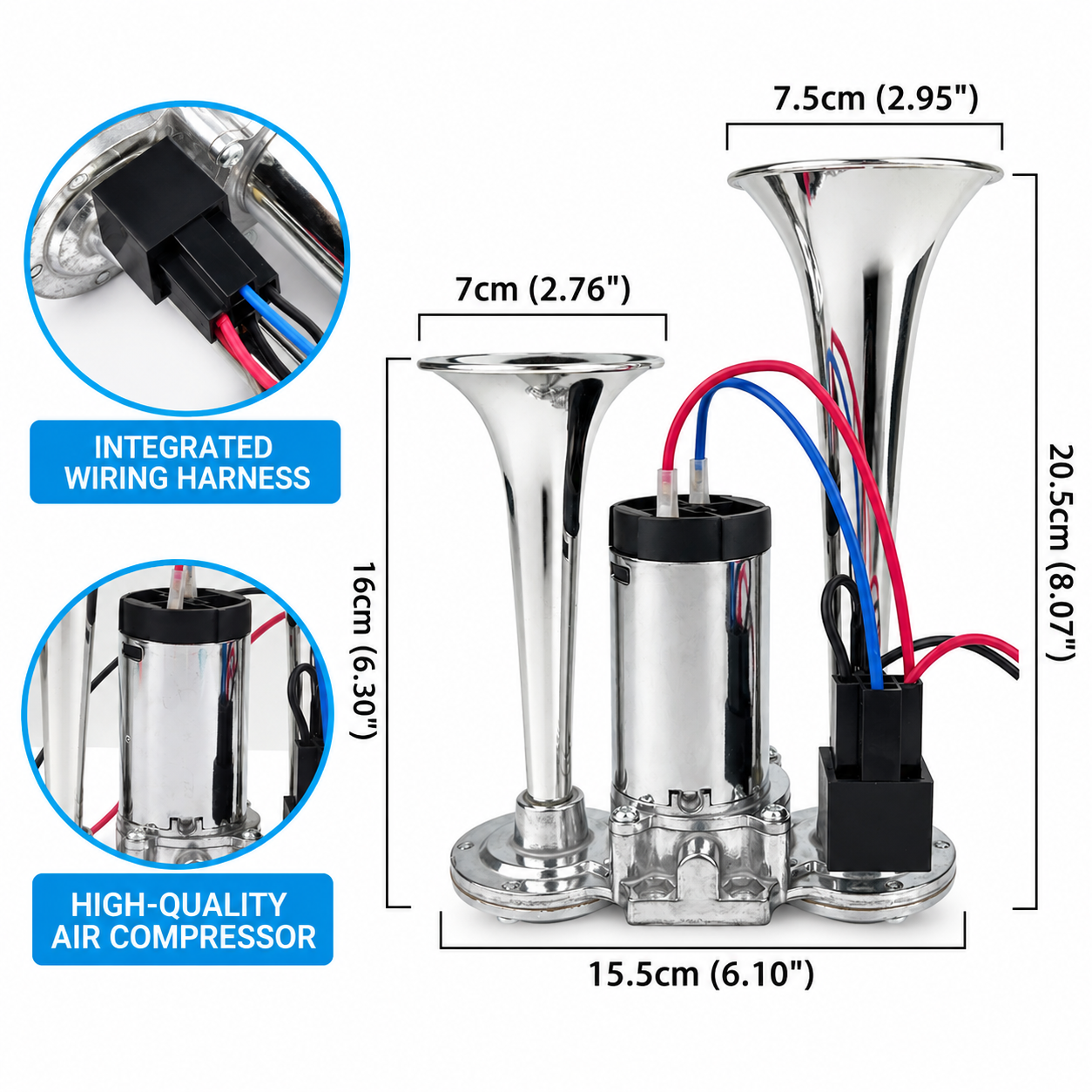 Super Loud Dual-Trumpet Integrated Air Horn with Compressor & Mounting view 4