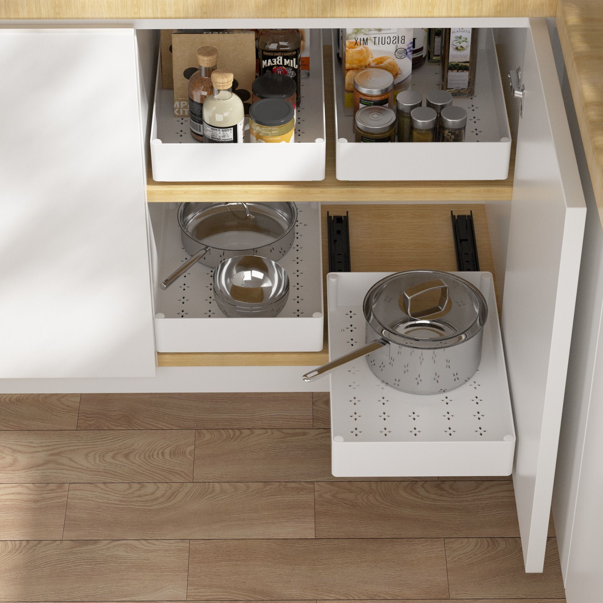 3 Pieces White Extended Pull Out Cabinet Organizer Set (Small + Medium + Large view 2