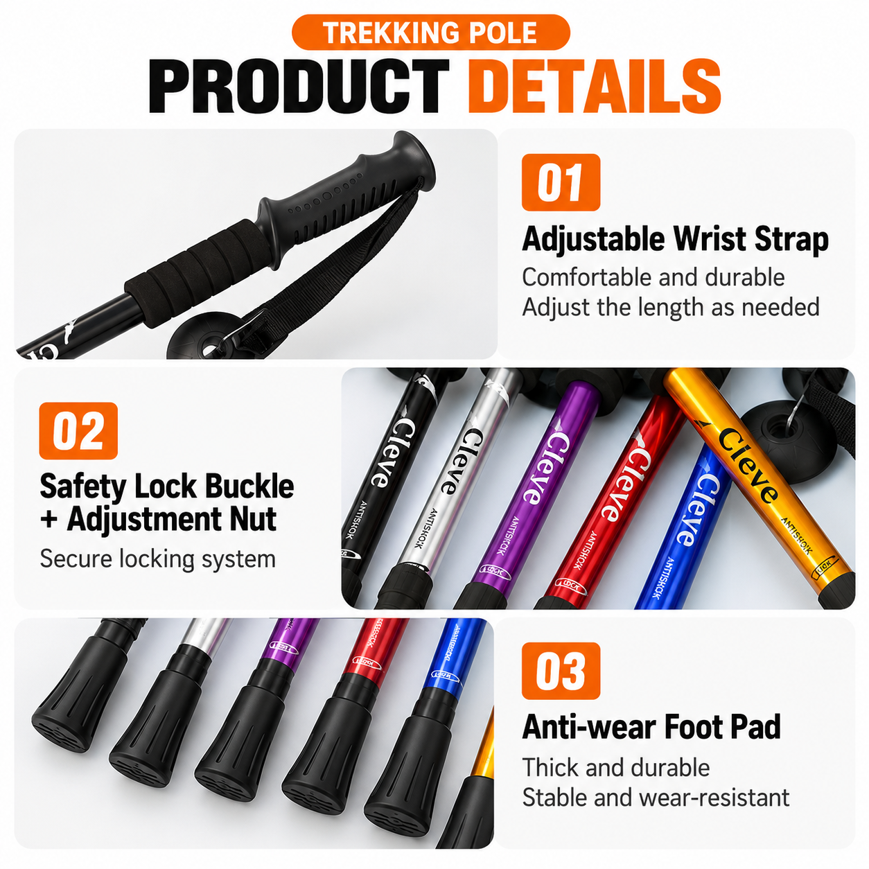 2 Pack Black Outdoor Aluminum Alloy Telescopic Trekking Pole (55 to 110CM) view 4
