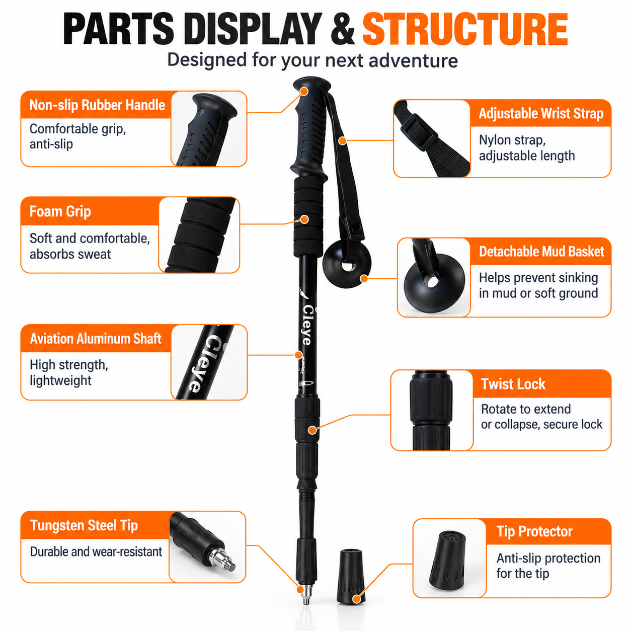 2 Pack Blue Outdoor Aluminum Alloy Telescopic Trekking Pole (55 to 110CM) view 3
