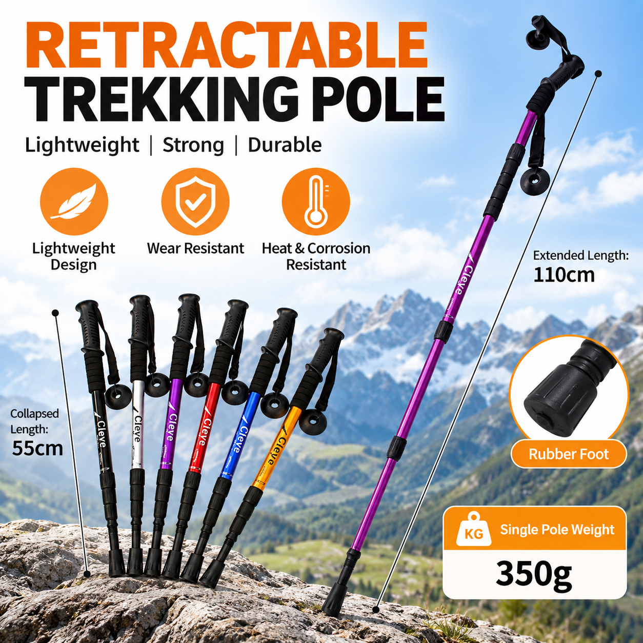 2 Pack Purple Outdoor Aluminum Alloy Telescopic Trekking Pole (55 to 110CM) view 2
