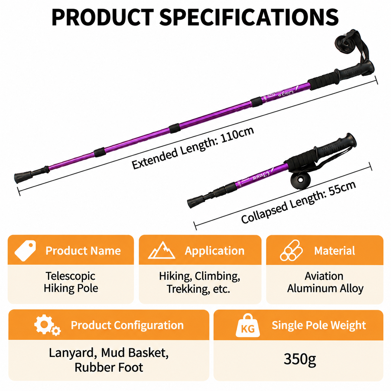2 Pack Purple Outdoor Aluminum Alloy Telescopic Trekking Pole (55 to 110CM) view 5