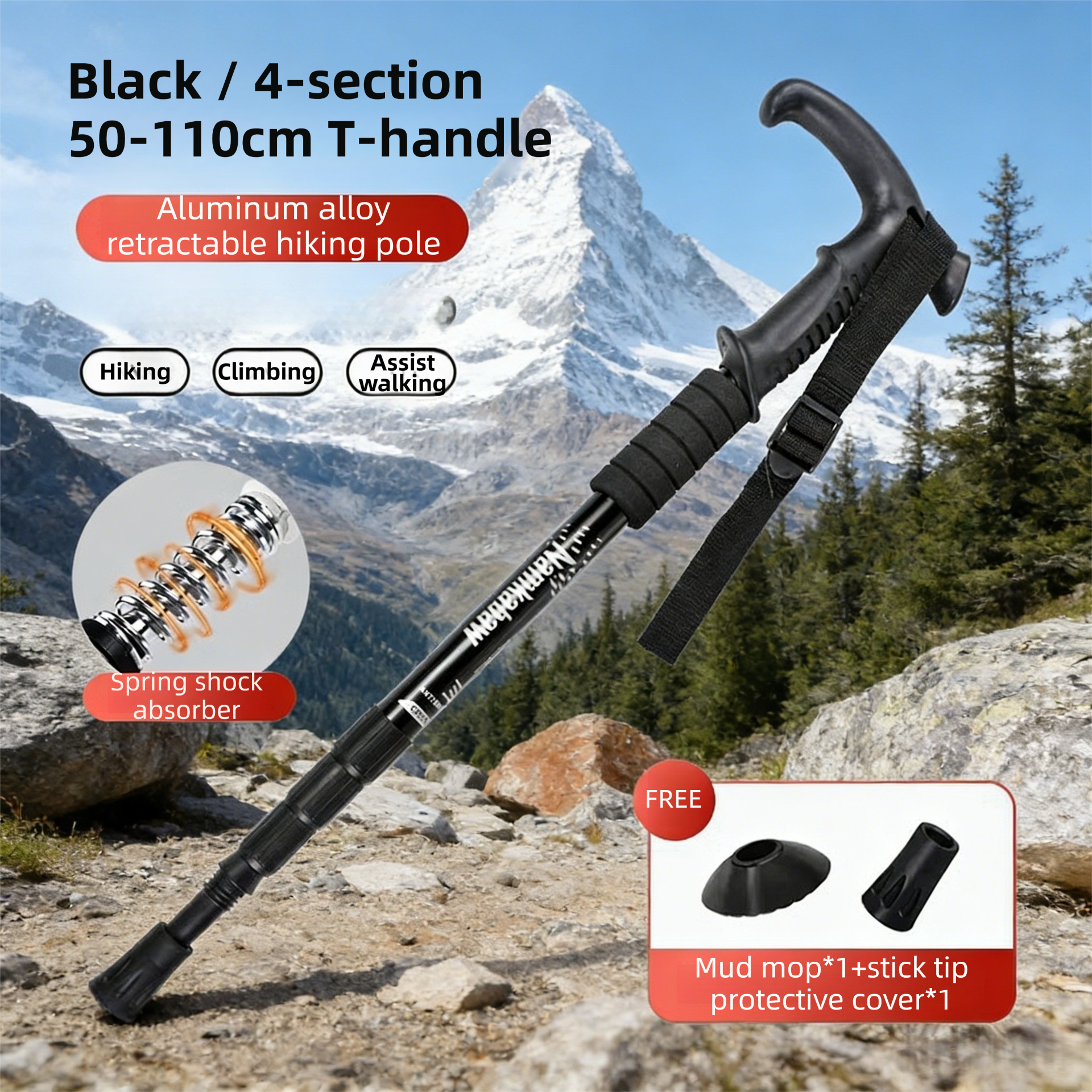 2 Pack Black Lightweight Outdoor Telescopic Aluminum Alloy Trekking Pole (50