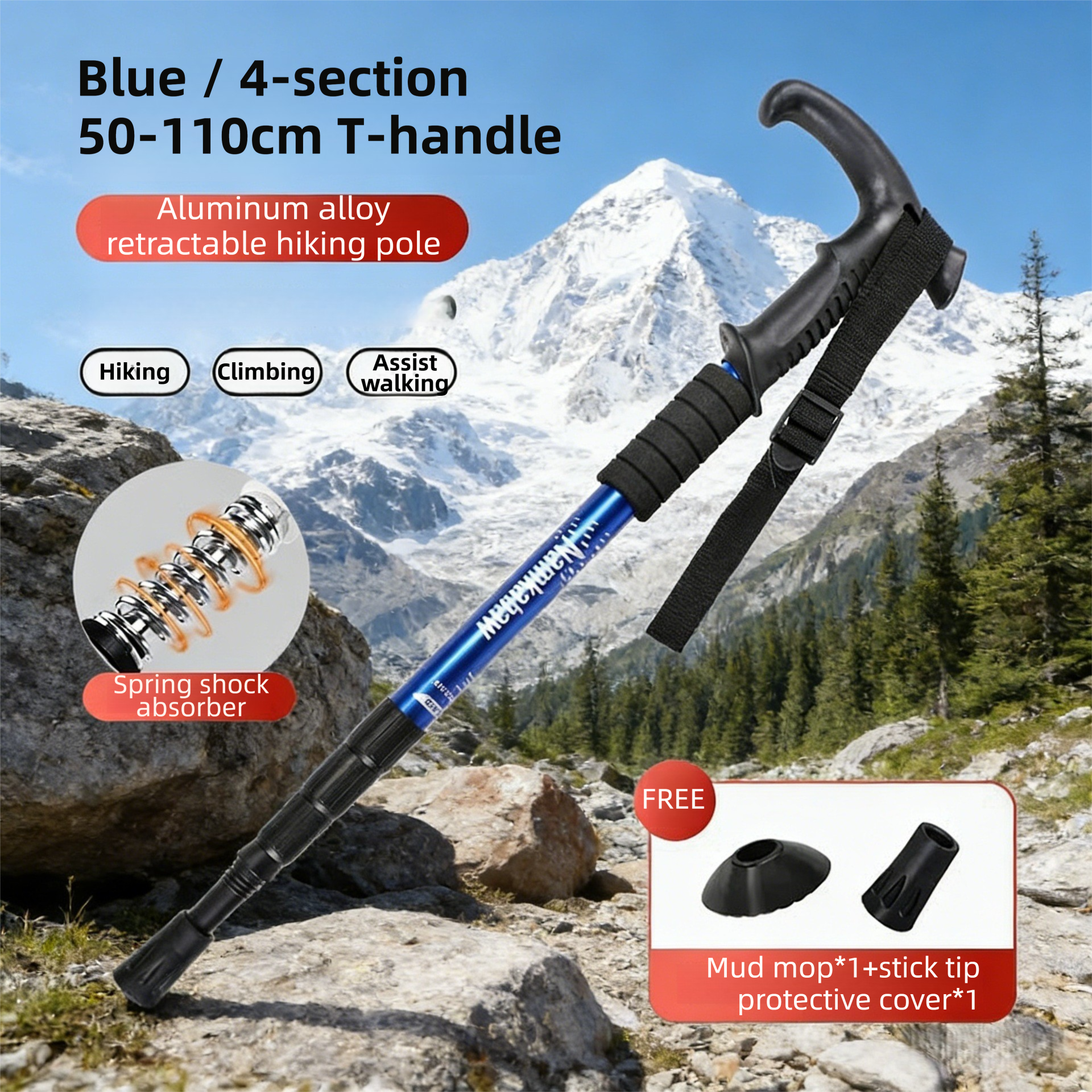 2 Pack Blue Lightweight Outdoor Telescopic Aluminum Alloy Trekking Pole (50 to
