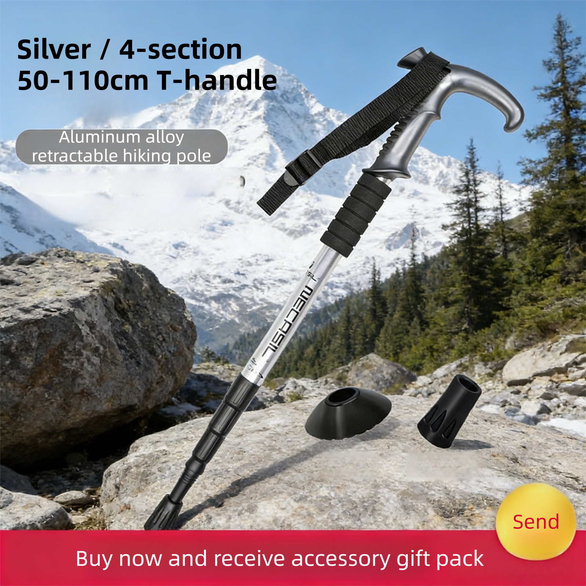 2 Pack Silver Lightweight Outdoor Telescopic Aluminum Alloy Trekking Pole (50