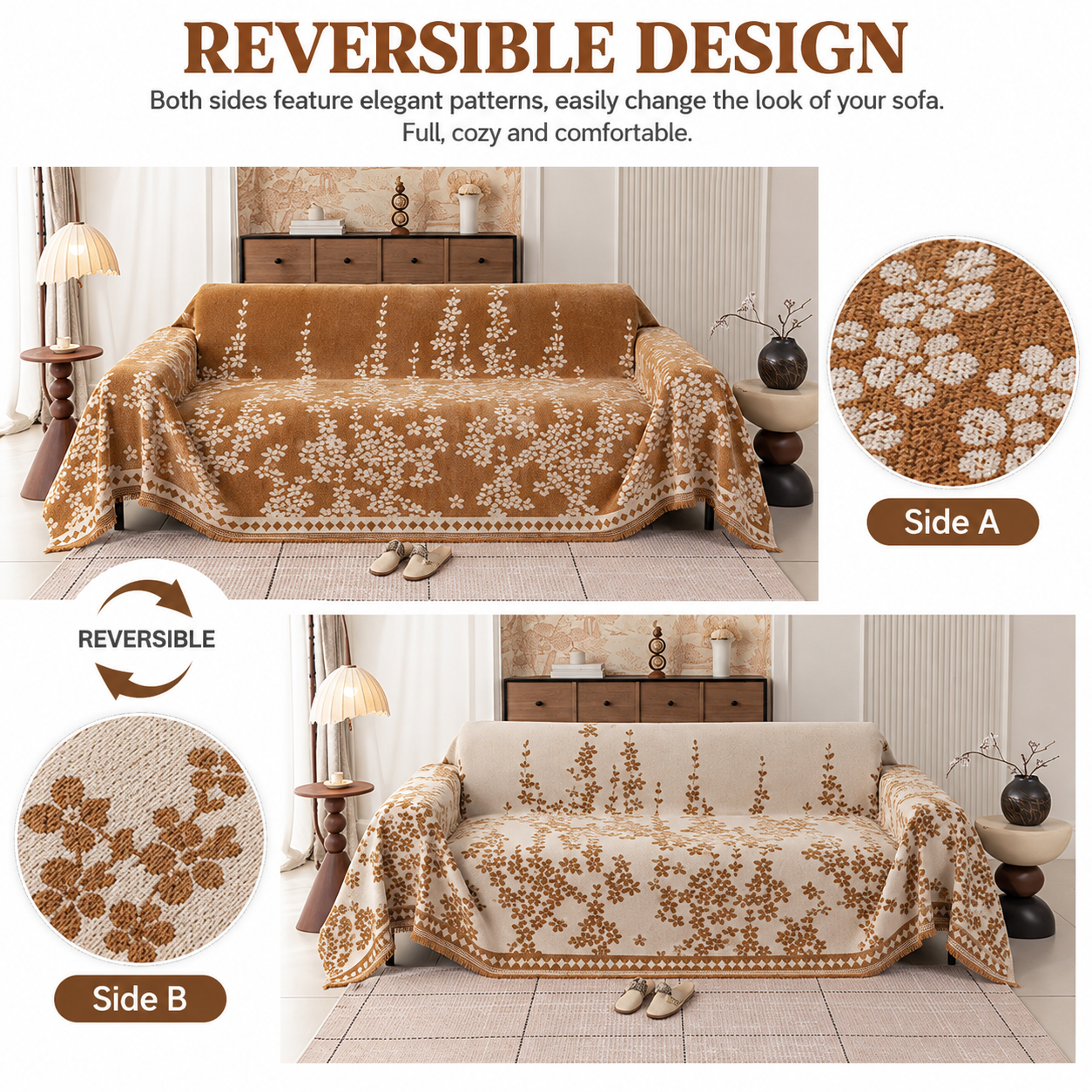 Vintage Jacquard Chenille One-Piece Sofa Cover Throw with Tassel Edging view 3