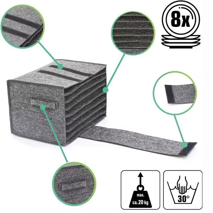 2 Pack Dark Grey Foldable Crockery Storage Organizer (Holds 8 Plates) - Felt view 2