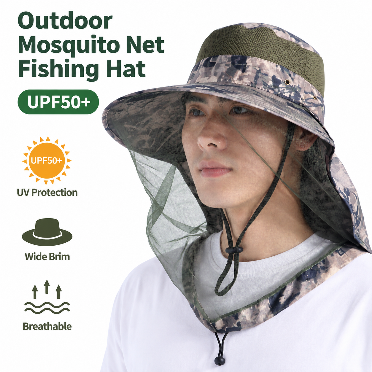 Camouflage Green Adjustable Anti-Mosquito Sun Fishing Hat - Breathable Full view 2