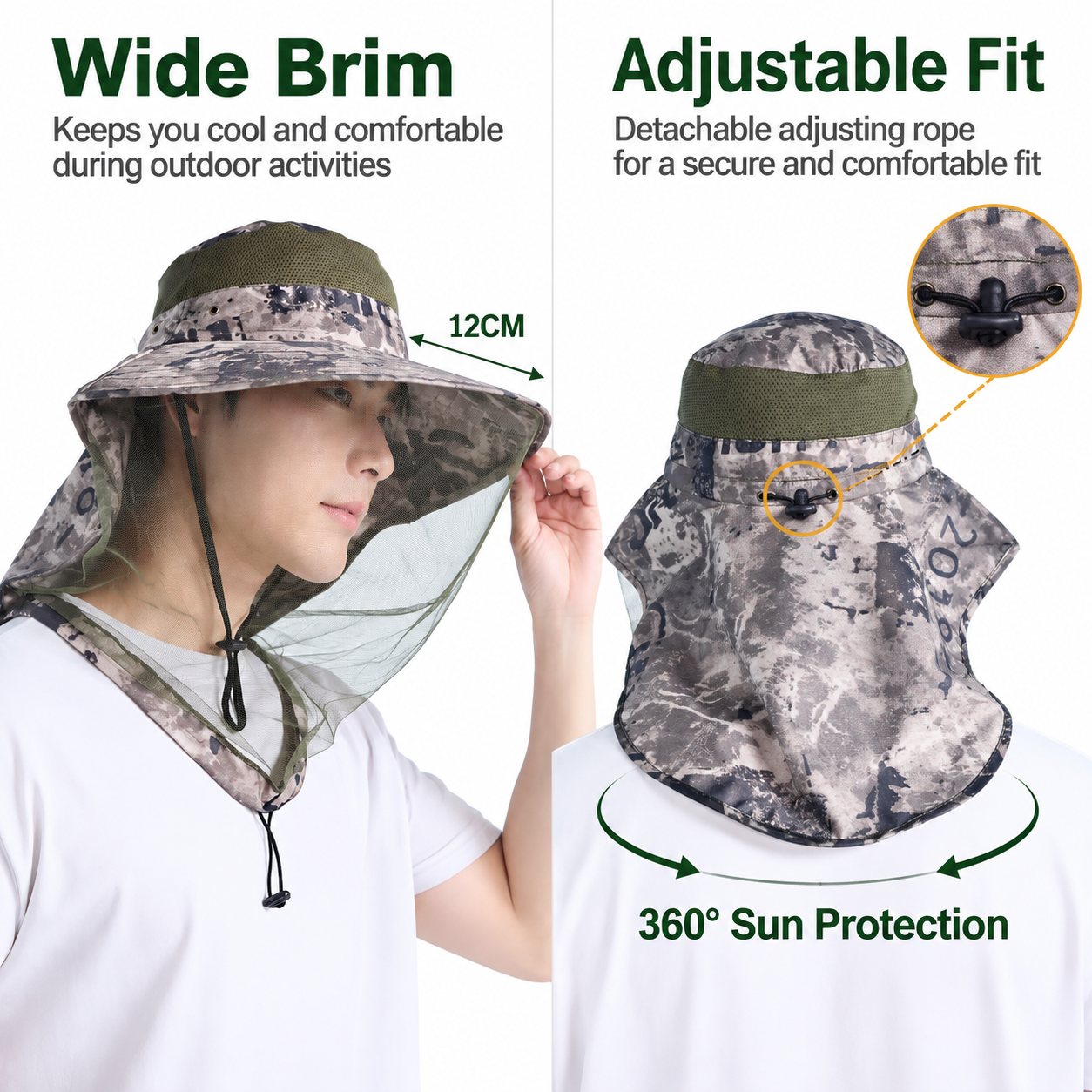 Camouflage Grey Adjustable Anti-Mosquito Sun Fishing Hat - Breathable Full view 3
