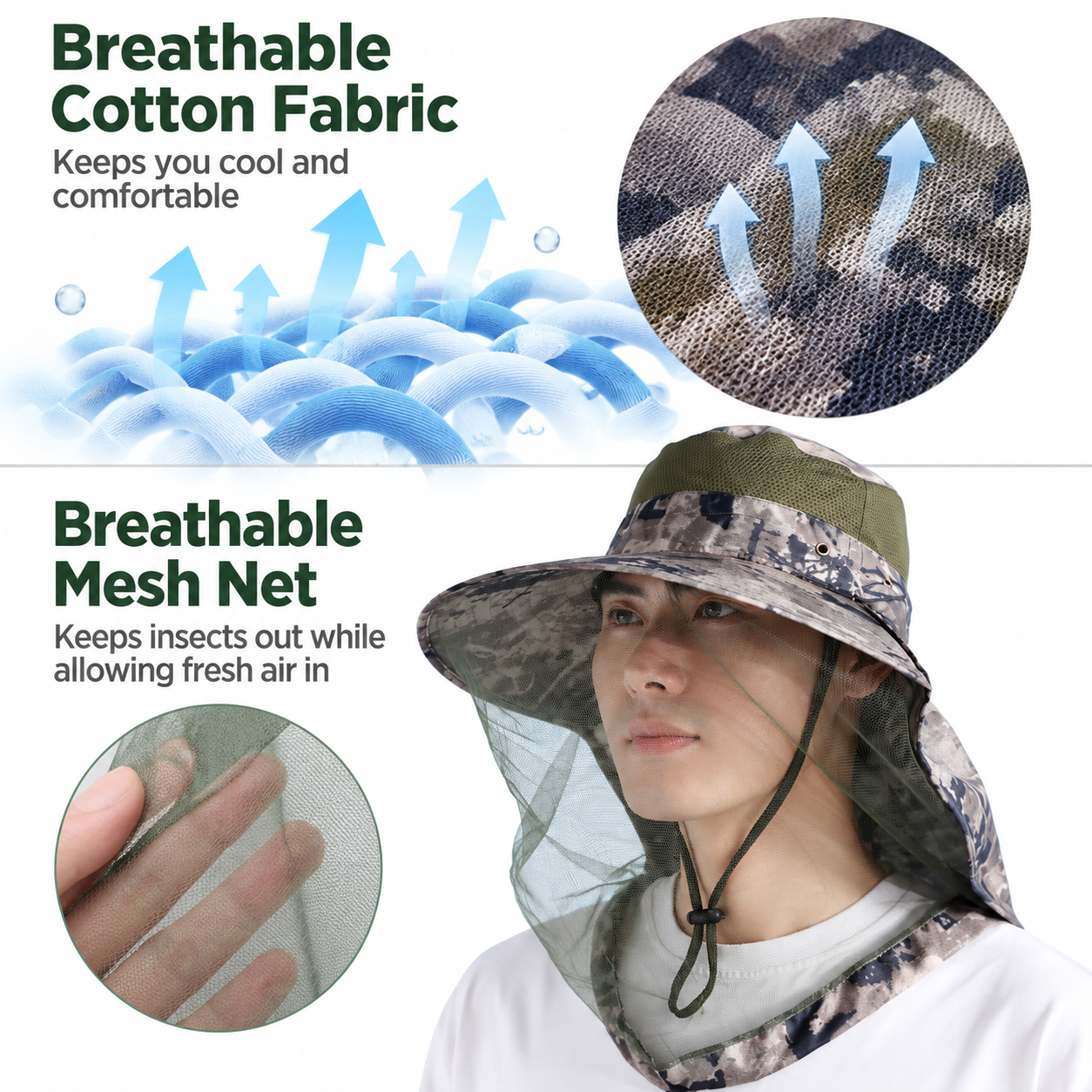 Camouflage Grey Adjustable Anti-Mosquito Sun Fishing Hat - Breathable Full view 4