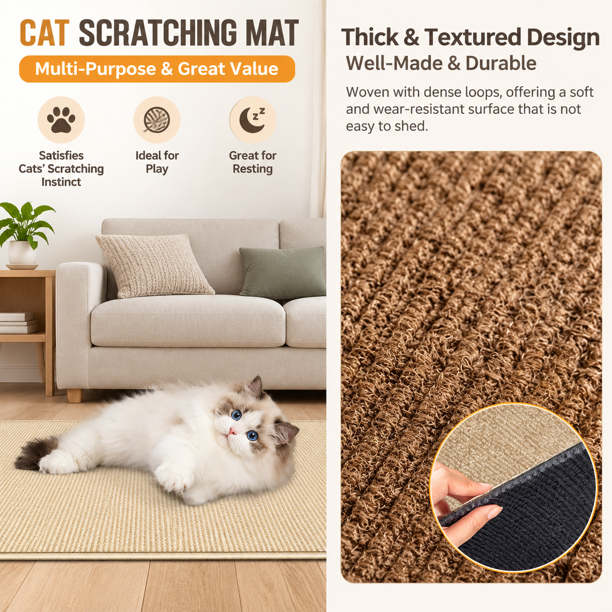 40 x 100 CM Beige Self-Adhesive Cuttable Cat Scratching Mat - Durable Wall Climber view 3