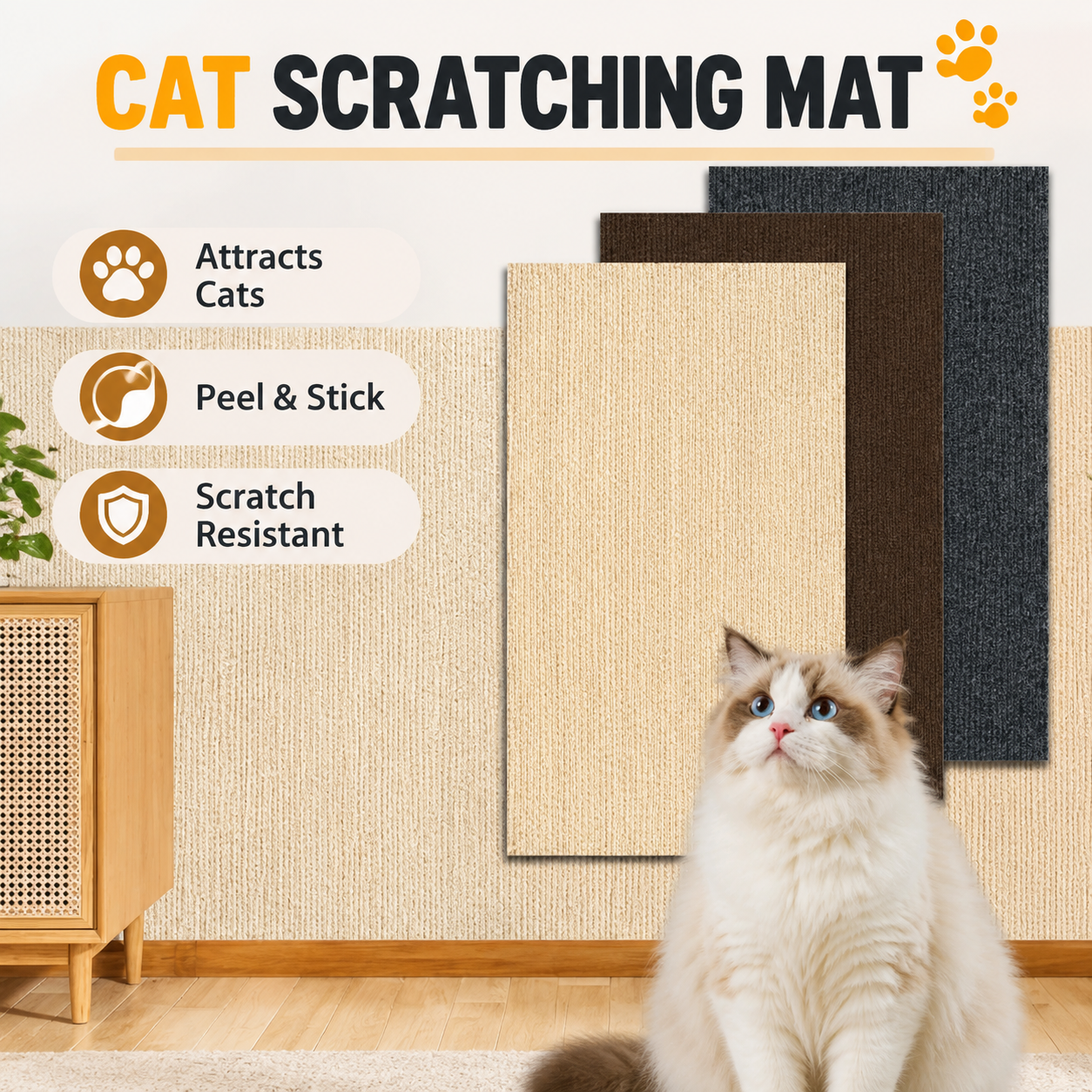 30 x 100 CM Brown Self-Adhesive Cuttable Cat Scratching Mat - Durable Wall Climber view 2