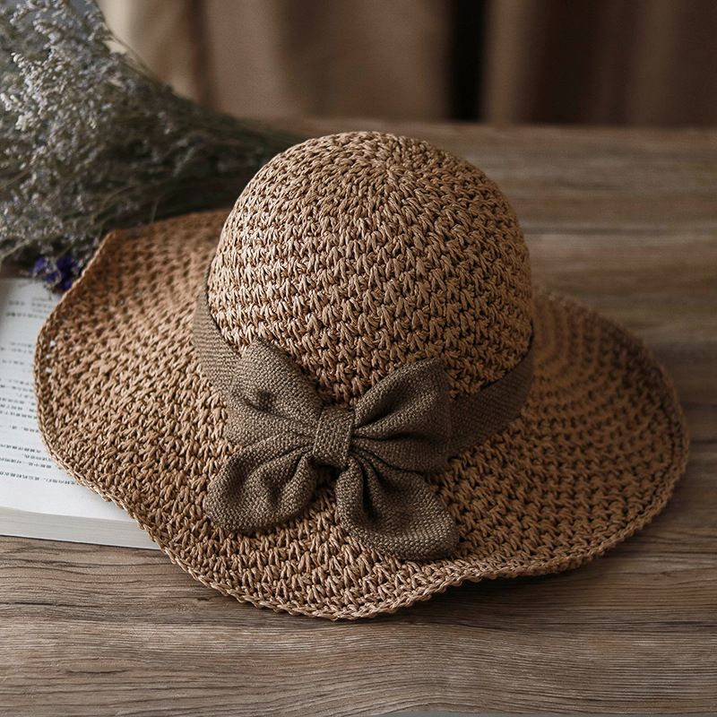Beige Hand-Woven Paper Straw Sun Hat with Elegant Bow Knot (Wide Brim Style)