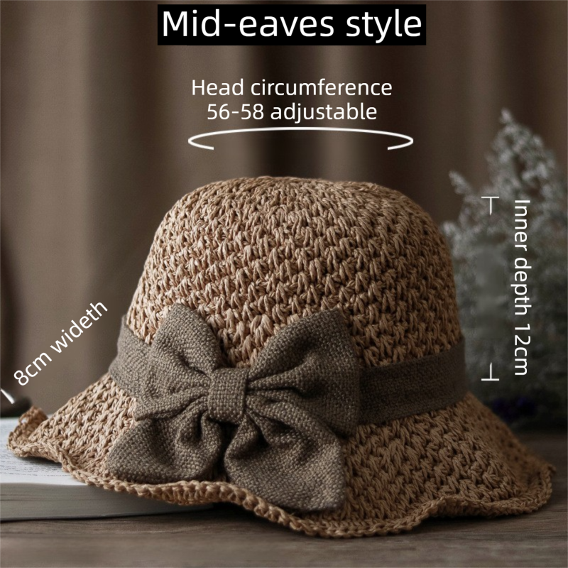 Beige Hand-Woven Paper Straw Sun Hat with Elegant Bow Knot (Wide Brim Style) view 3