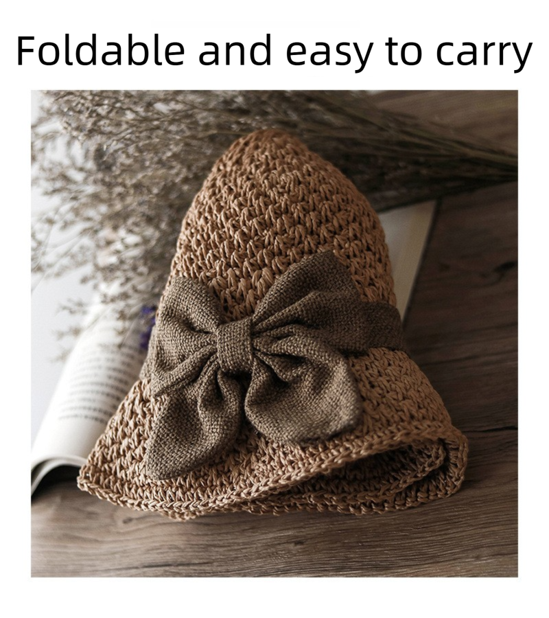 Beige Hand-Woven Paper Straw Sun Hat with Elegant Bow Knot (Wide Brim Style) view 5